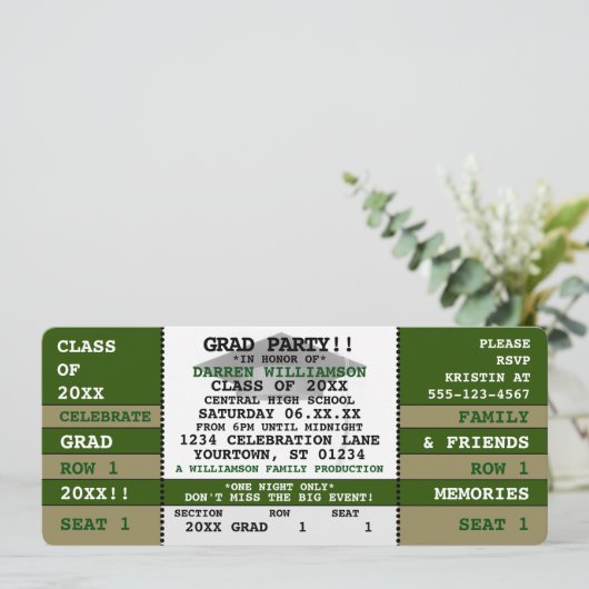 Green|Gold Concert Ticket Grad Party Invitation (Debout devant)