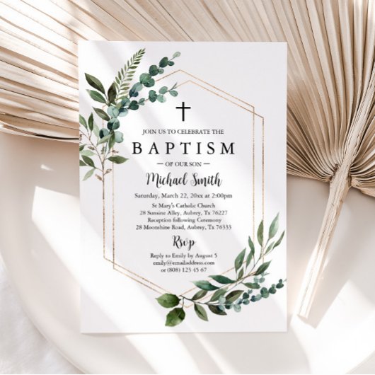 Green Gold Cross Baptism Invitation Christening