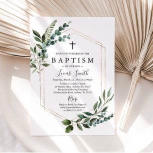 Green Gold Cross Baptism Invitation Christening
