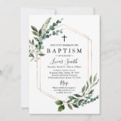 Green Gold Cross Baptism Invitation Christening (Devant)