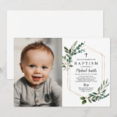Green Gold Cross Baptism Invitation Christening (Devant / Derrière)