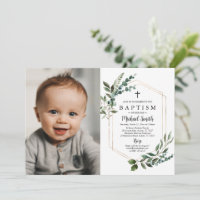 Green Gold Cross Baptism Invitation Christening