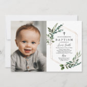 Green Gold Cross Baptism Invitation Christening (Devant)