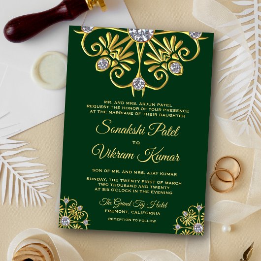 Green Gold Diamond Mandala Indian Wedding Invite Kaart