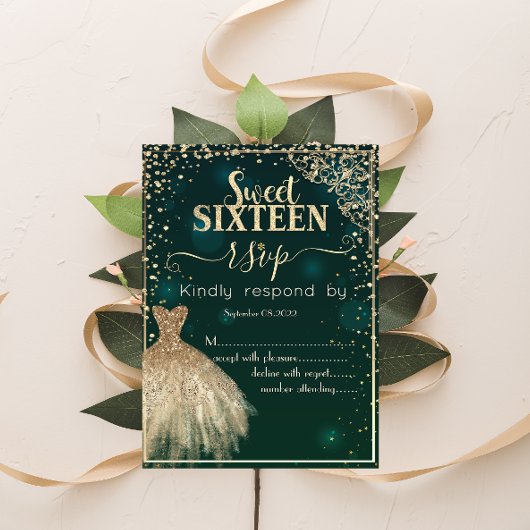 Green Gold Dress Tiara, Diamonds Sweet 16 RSVP Kaart