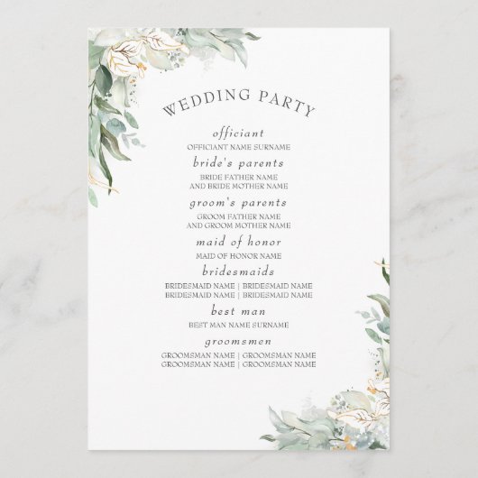 Green Gold Feuilles Élégant programme de mariage (Dos)