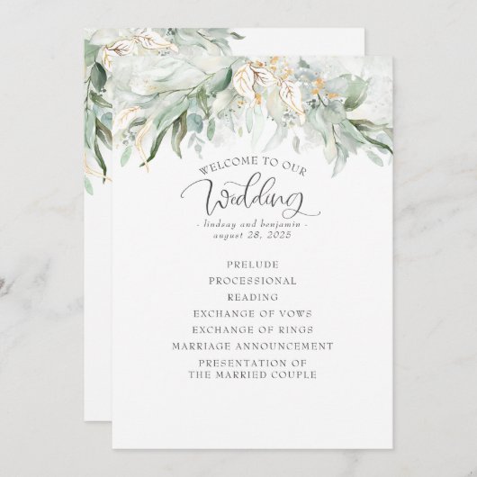 Green Gold Feuilles Élégant programme de mariage (Devant / Derrière)