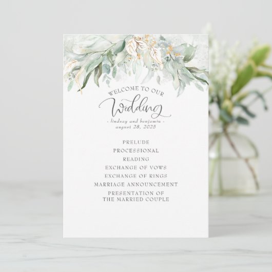 Green Gold Feuilles Élégant programme de mariage (Debout devant)