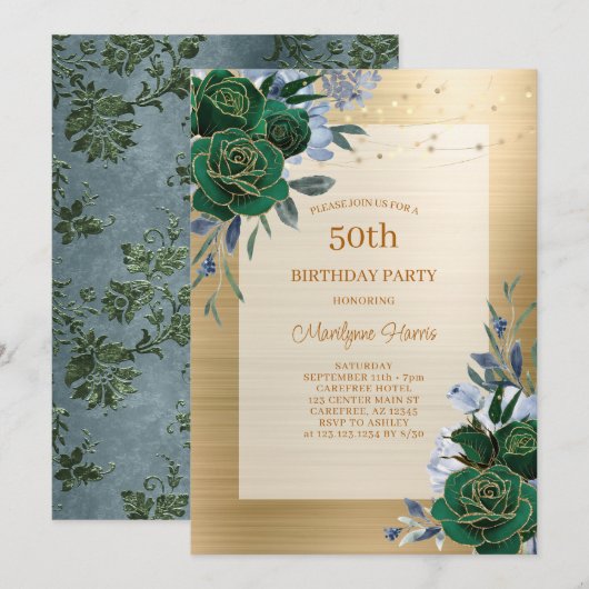 Green Gold Floral Invitation 50e anniversaire (Devant / Derrière)