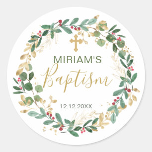 Green Gold Foliage Cross Baptisme Ronde Sticker