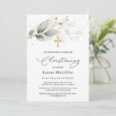Green Gold Foliage Cross Christening Invitation (Debout devant)