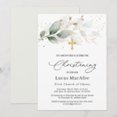 Green Gold Foliage Cross Christening Invitation (Devant / Derrière)