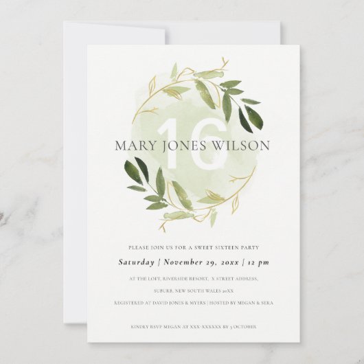 GREEN GOLD FOLIAGE WREATH SWEET 16 BIRTHDAY KAART (Voorkant)