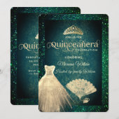 Green Gold glitter jurk tiara fan Quinceañera Kaart (Voorkant / Achterkant)