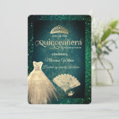 Green Gold glitter jurk tiara fan Quinceañera Kaart (Staand voorkant)