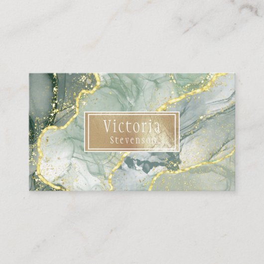 Green Gold Glitter Marble Geode Name Agate Visitekaartje (Voorkant)