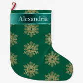 Green Gold Glitter Snowflakes Kerstnaam Grote Kerstsok (Voorkant)