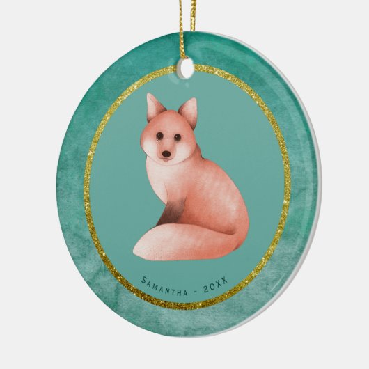 Green Gold Kerstmis Fox - Aangepaste naam Datum Keramisch Ornament (Links)