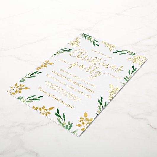 Green Gold Leaf Kerstfeest Folie Uitnodiging (Gedraaid)