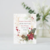 Green Gold Leaves Red Berry Poinsettia Kerstmis Briefkaart (Staand voorkant)