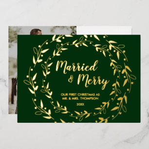 Green Gold Married en Merry First Kerstfoto Folie Feestdagenkaart