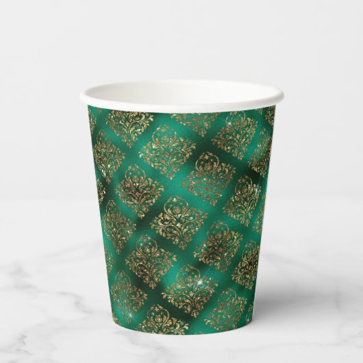 Green Gold Metallic Damask Elegant Papieren Bekers (Achterkant)