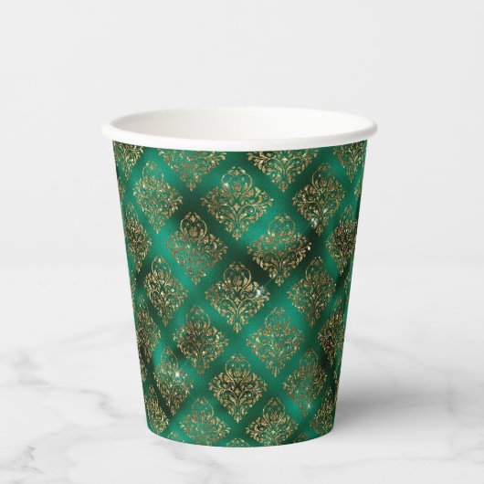 Green Gold Metallic Damask Elegant Papieren Bekers (Voorkant)