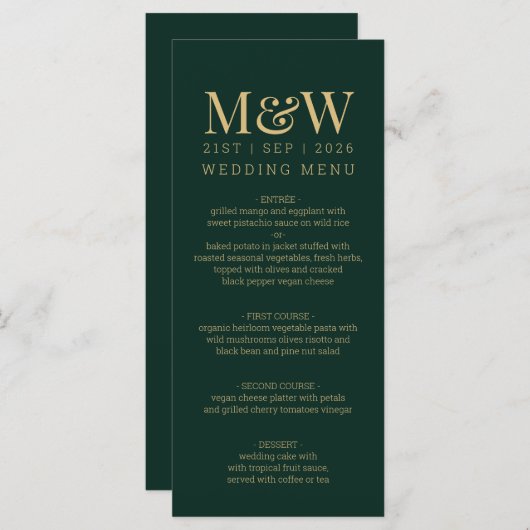 Green Gold Monogram Wedding Menu (Voorkant / Achterkant)