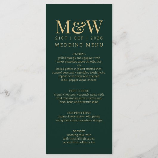 Green Gold Monogram Wedding Menu (Voorkant)