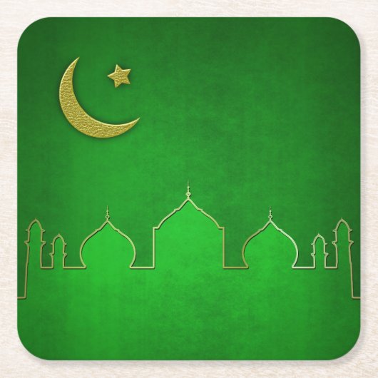 Green Gold Mosque Moon Star Vierkante Kartonnen Onderzetter (Voorkant)
