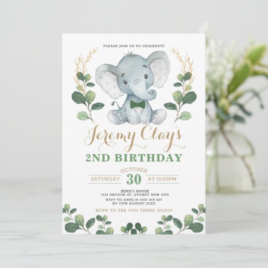 Green Gold Oerwoud Baby Elephant 2e Verjaardag Kaart (Staand voorkant)