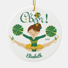 Green & Gold Personalized Brunette Cheerleader Keramisch Ornament