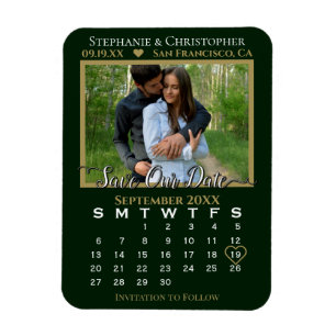 Green & Gold Photo Calendar Save Our Date Wedding Magneet