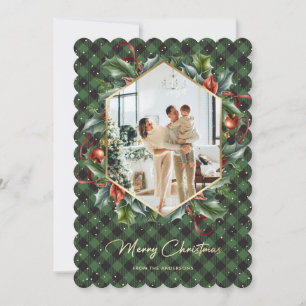 Green Gold Plaid Holly Foto Vrolijke Kerst Kaart