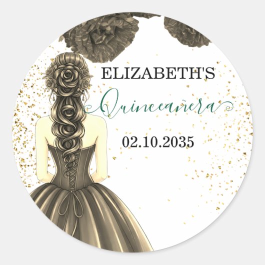 Green & Gold Quinceañera Custom Round Sticker (Devant)