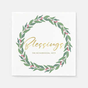 GREEN GOLD RED BERRIES CHRISTMAS BLESSINGS WREATH SERVET