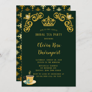 Green & Gold Royal Crown Damask Bridal Tea Party Kaart