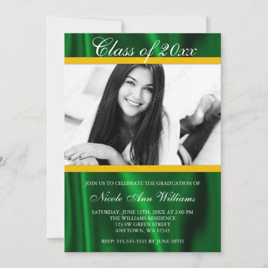 Green Gold Satin Faire-part de graduation photo (Devant)