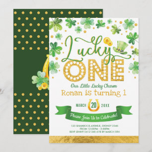 Green Gold Shamrock Lucky One Birthday Party Kaart