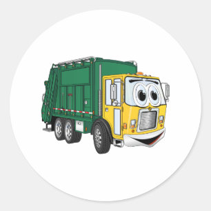 Green Gold Smiling Garbage Truck Cartoon Ronde Sticker