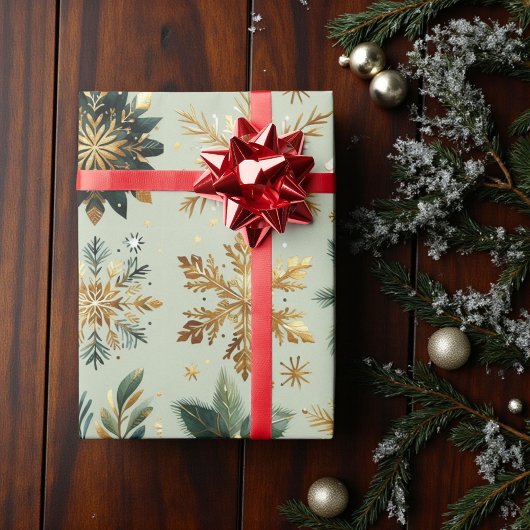 Green Gold Snowflake Holiday Luxe Modern Cadeaupapier