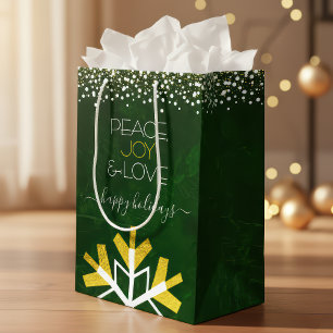 Green Gold Snowflake Peace Joy Love Typography Medium Cadeauzakje