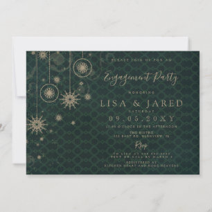 Green Gold Snowflakes Winter Engagement Party Kaart