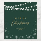Green & Gold String Lights Snow Merry Kerstmis Wijn Etiket (Enkel label)