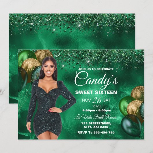 Green & Gold Sweet 16 Girl Birthday Invitation (Devant / Derrière)