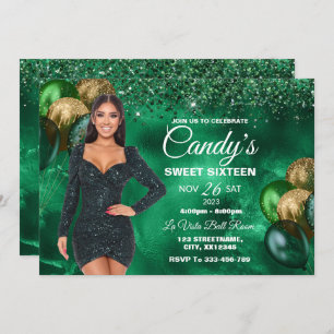 Green & Gold Sweet 16 Girl Birthday Invitation