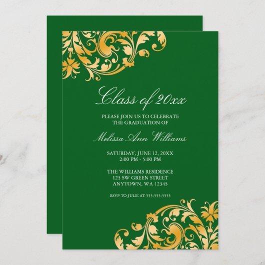 Green Gold Swirl Graduation Party Faire-part (Devant / Derrière)