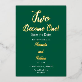Green & Gold Two Become One Foil Wedding Invitatio Folie Uitnodiging