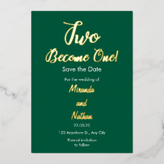 Green & Gold Two Become One Foil Wedding Invitatio Folie Uitnodiging
