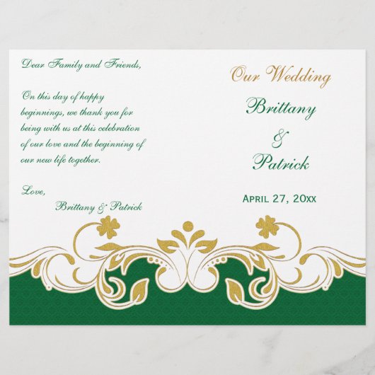 Green Gold White Scrolled Wedding Programme COVER (Devant)